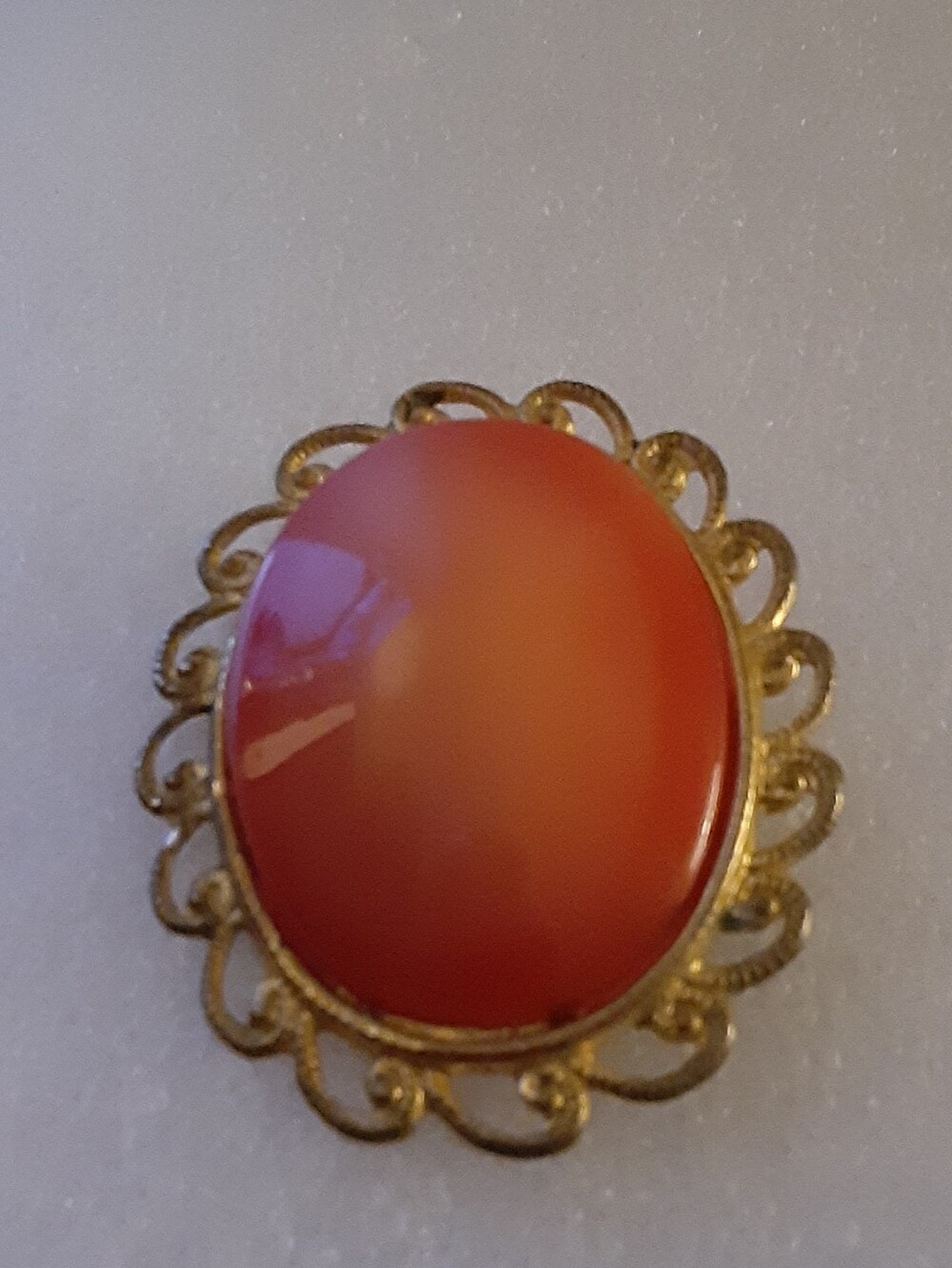 Gold-Tone Orange Oval Cabochon Brooch - Classic Statement Pin